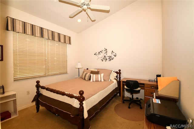 bedroom with carpet flooring, ceiling fan, and lofted ceiling