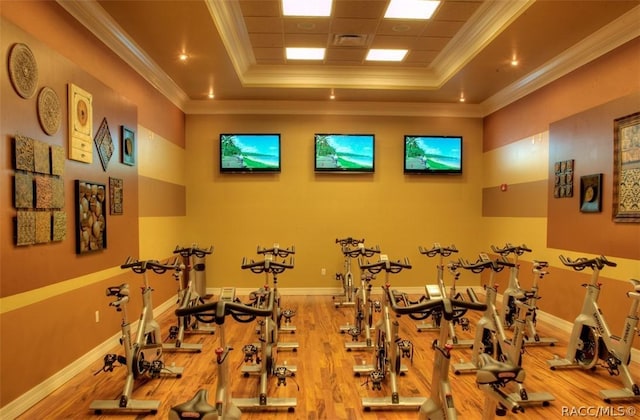1112 W Diamond Shore Loop Unit 45, Hernando, FL 34442 - exercise room with wood finished floors, a tray ceiling, and crown molding