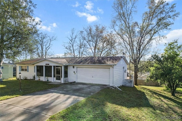 single story home with driveway, a front lawn, fence, an attached garage, and a sunroom