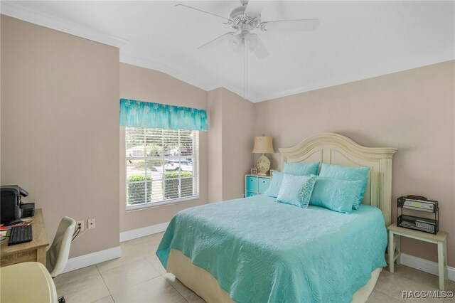 795 W Toucan Loop, Hernando, FL 34442 - tiled bedroom featuring baseboards, a desk, ornamental molding, ceiling fan, and vaulted ceiling