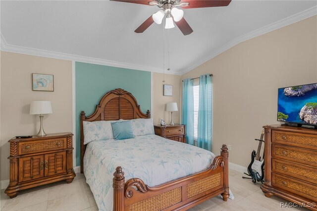 795 W Toucan Loop, Hernando, FL 34442 - bedroom featuring lofted ceiling, ornamental molding, light tile patterned floors, baseboards, and a ceiling fan