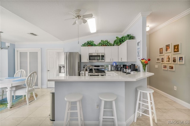 795 W Toucan Loop, Hernando, FL 34442 - kitchen with appliances with stainless steel finishes, a ceiling fan, vaulted ceiling, a kitchen bar, and ornamental molding