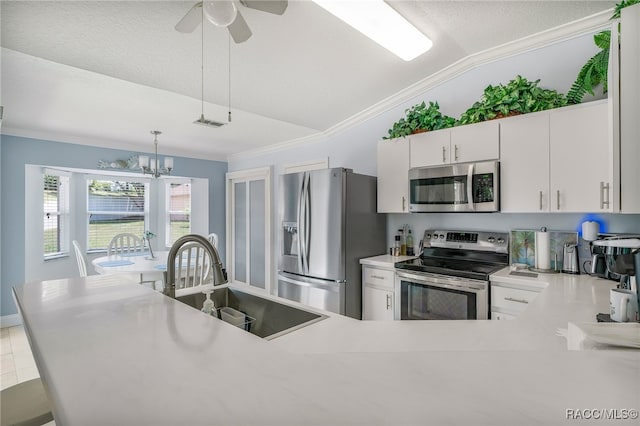 795 W Toucan Loop, Hernando, FL 34442 - kitchen featuring appliances with stainless steel finishes, vaulted ceiling, crown molding, a sink, and light countertops