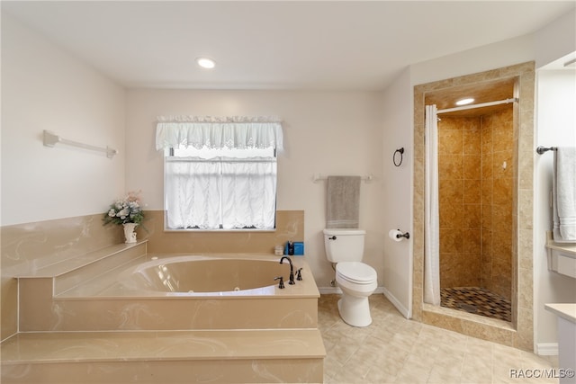 bathroom with tile patterned floors, plus walk in shower, and toilet