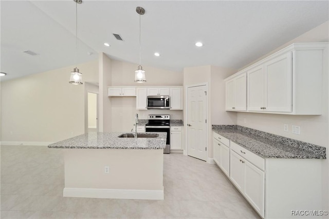 kitchen featuring white cabinetry, a center island with sink, stainless steel appliances, light stone countertops, and pendant lighting