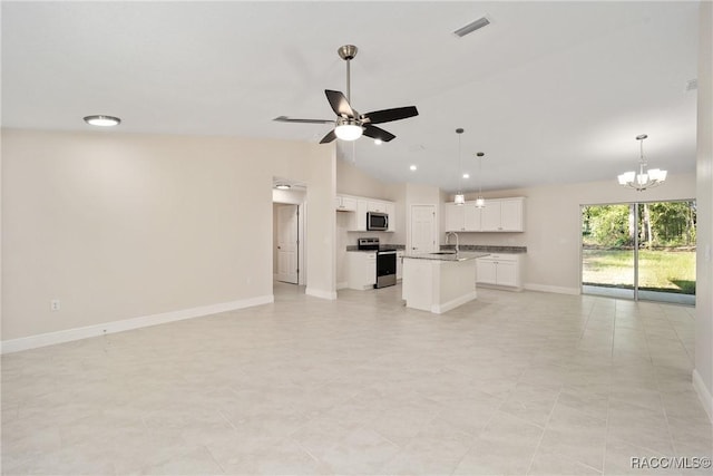 unfurnished living room featuring sink, high vaulted ceiling, and ceiling fan with notable chandelier