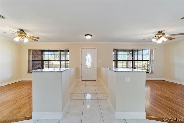 entrance foyer with light wood-type flooring, ornamental molding, and a wealth of natural light