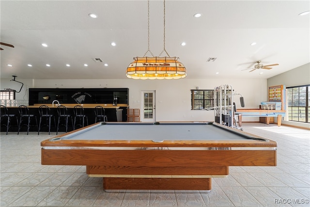 rec room with ceiling fan and pool table