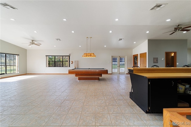 recreation room with ceiling fan, lofted ceiling, billiards, and french doors