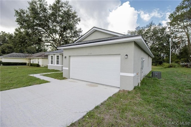 view of property exterior featuring a yard, a garage, and central AC unit