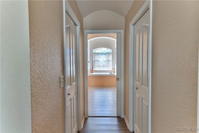 corridor with vaulted ceiling and dark wood-type flooring