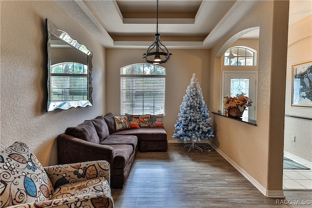 living room featuring a tray ceiling, plenty of natural light, and hardwood / wood-style flooring