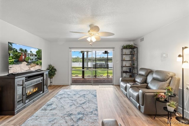 10684 W Halls River Rd Unit 2, Homosassa, FL 34448 - living room featuring a ceiling fan, a textured ceiling, light wood-style floors, and a glass covered fireplace