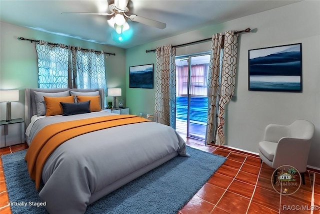 tiled bedroom with access to exterior and ceiling fan