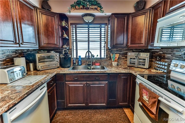 kitchen with dishwasher, white electric range, tasteful backsplash, and sink