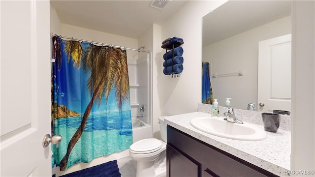 full bathroom featuring tile patterned floors, vanity, toilet, and shower / bathtub combination with curtain