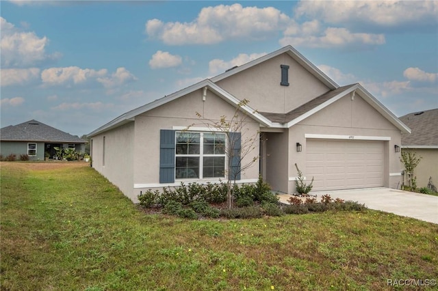 single story home with a garage and a front yard