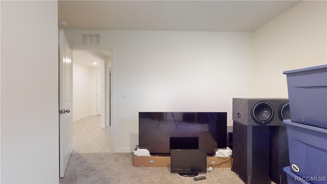 interior space featuring light colored carpet