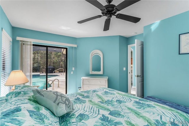 bedroom featuring ceiling fan and access to exterior