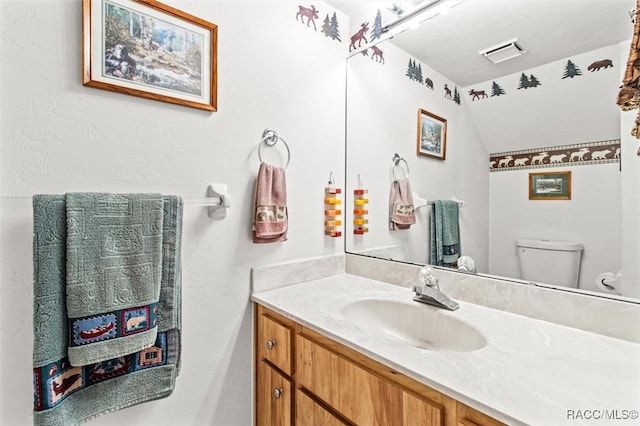 bathroom featuring vanity, toilet, and vaulted ceiling