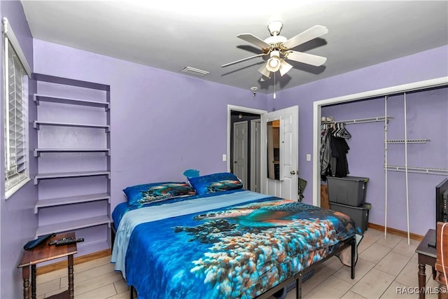 bedroom featuring ceiling fan, light tile patterned flooring, and a closet