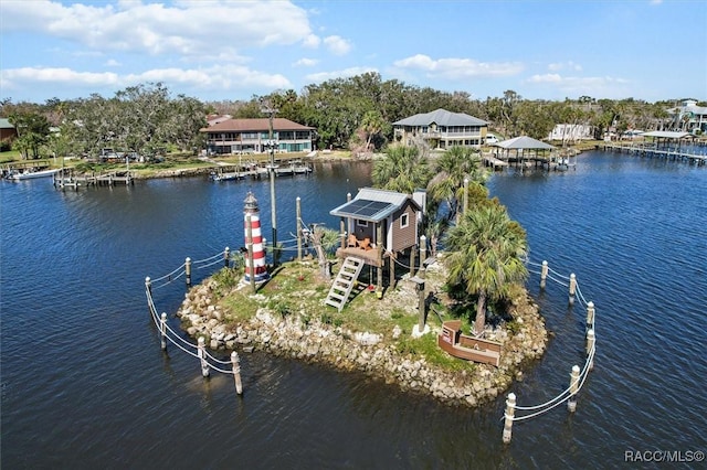 bird's eye view with a water view