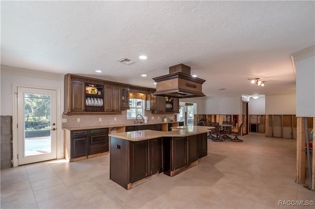 kitchen featuring dark brown cabinetry, a center island, a wealth of natural light, and sink