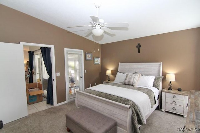 2745 N Canterbury Lake Dr, Hernando, FL 34442 - bedroom featuring light carpet, lofted ceiling, a ceiling fan, and connected bathroom