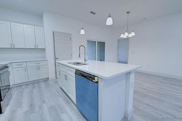 kitchen featuring hanging light fixtures, sink, white cabinets, and stainless steel dishwasher