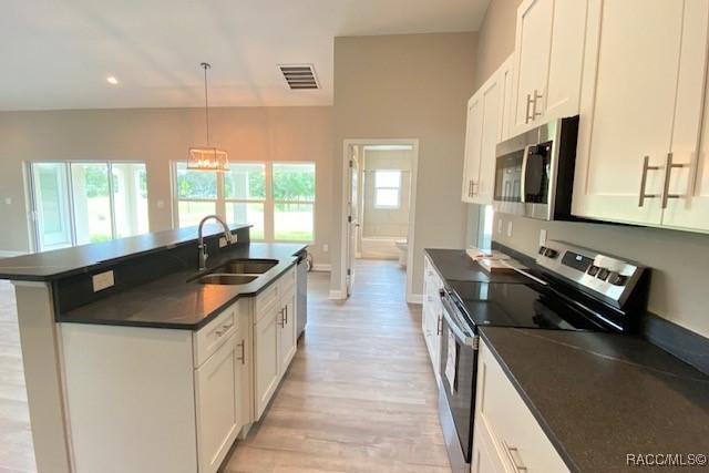 653 E Connecticut Ln, Hernando, FL 34442 - kitchen featuring stainless steel appliances, dark countertops, light wood finished floors, a chandelier, and a kitchen island with sink