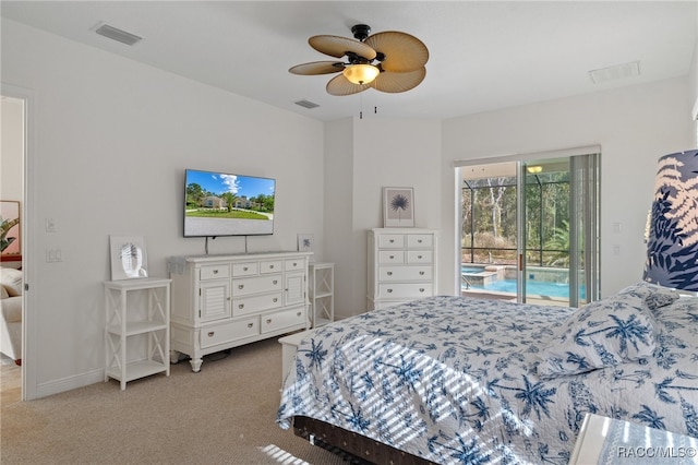 bedroom featuring light carpet, a ceiling fan, visible vents, and access to exterior