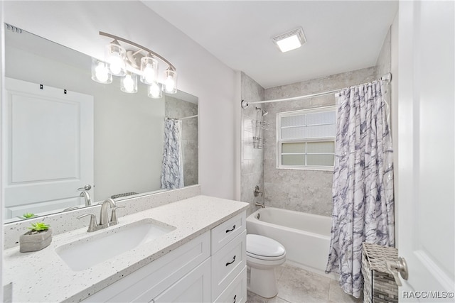 full bathroom featuring tile patterned flooring, vanity, toilet, and shower / bathtub combination with curtain