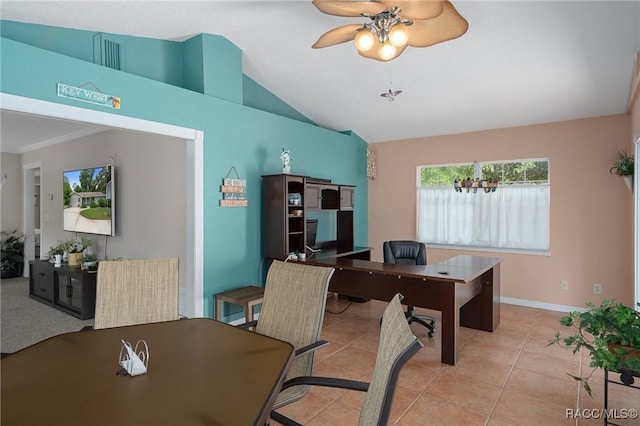 4015 E Parsons Point Rd, Hernando, FL 34442 - home office with ceiling fan, lofted ceiling, and light tile patterned floors