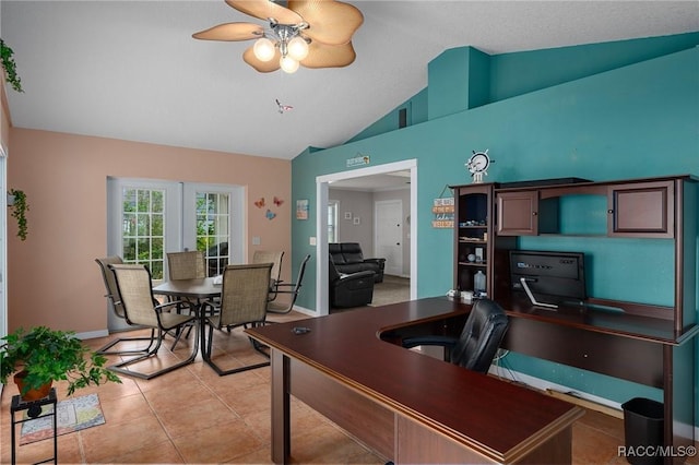 4015 E Parsons Point Rd, Hernando, FL 34442 - office area featuring vaulted ceiling, a ceiling fan, and light tile patterned floors