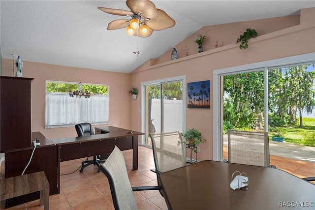 4015 E Parsons Point Rd, Hernando, FL 34442 - office area featuring vaulted ceiling, light tile patterned floors, and ceiling fan