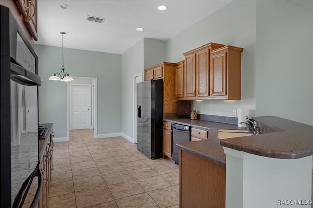 1918 W Crystal Mae Path, Lecanto, FL 34461 - kitchen featuring visible vents, dark countertops, black dishwasher, stainless steel refrigerator with ice dispenser, and a sink