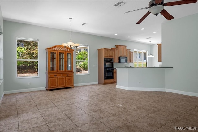 1918 W Crystal Mae Path, Lecanto, FL 34461 - unfurnished living room featuring light tile patterned flooring, ceiling fan with notable chandelier, recessed lighting, baseboards, and visible vents