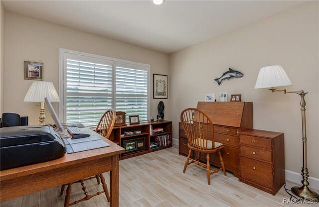 home office featuring light hardwood / wood-style floors