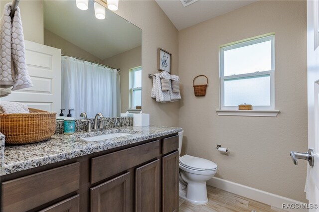 bathroom with wood-type flooring, vanity, toilet, and lofted ceiling