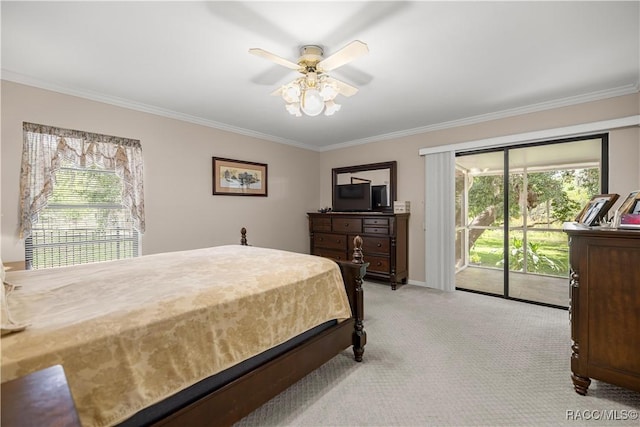 1179 N Point Lonesome Rd, Inverness, FL 34453 - bedroom with access to outside, ornamental molding, light carpet, and a ceiling fan