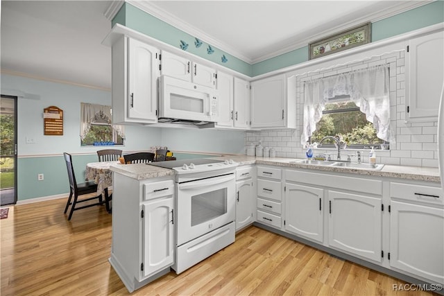 1179 N Point Lonesome Rd, Inverness, FL 34453 - kitchen featuring white appliances, a sink, crown molding, white cabinetry, and backsplash