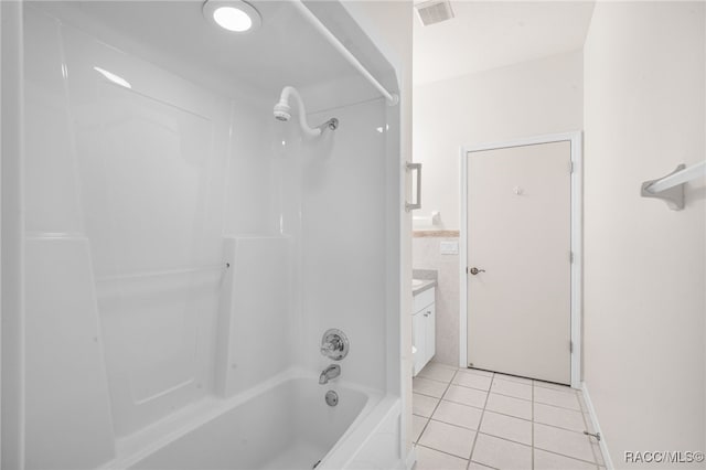 bathroom featuring shower / bathing tub combination, tile patterned flooring, and vanity