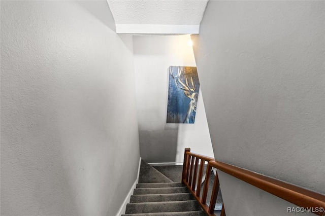 staircase with carpet floors and a textured ceiling