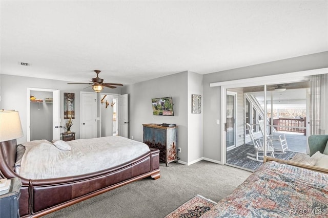 carpeted bedroom with ceiling fan and access to exterior