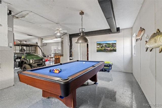 game room with billiards and ceiling fan