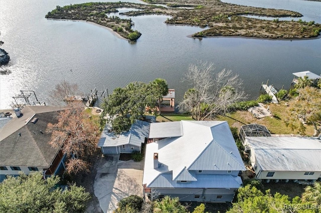 drone / aerial view featuring a water view