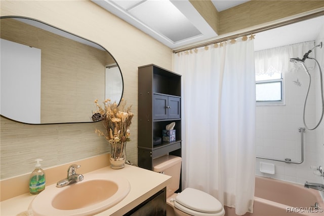 full bathroom with toilet, shower / tub combo, and vanity