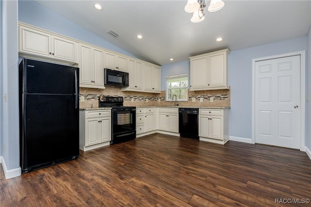 9459 N Camel Dr, Citrus Springs, FL 34434 - kitchen featuring black appliances, decorative backsplash, dark wood-style flooring, light stone countertops, and lofted ceiling