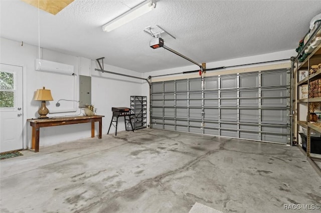 garage with a wall unit AC, electric panel, and a garage door opener