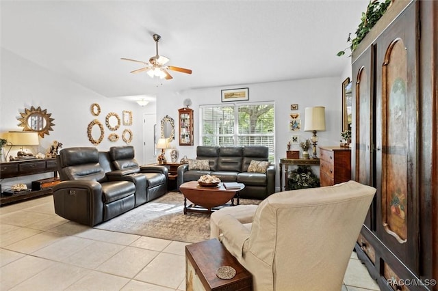 living room with light tile patterned floors and ceiling fan